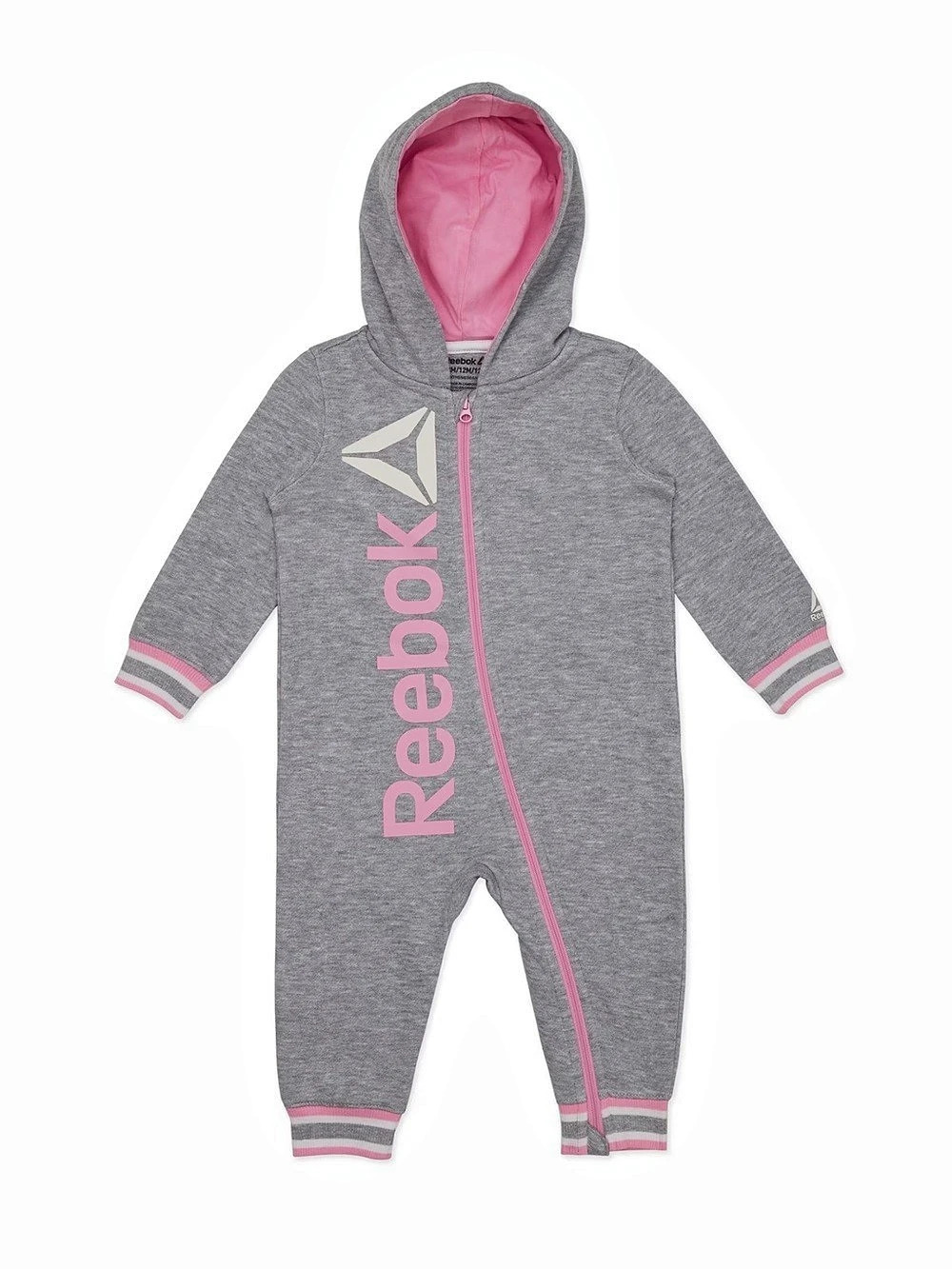 10/$15 Reebok Baby Gray & Pink Hooded Zip-Up Onepiece Size 3-6M